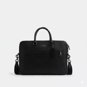 Laptop bag black leather front view for office and work use