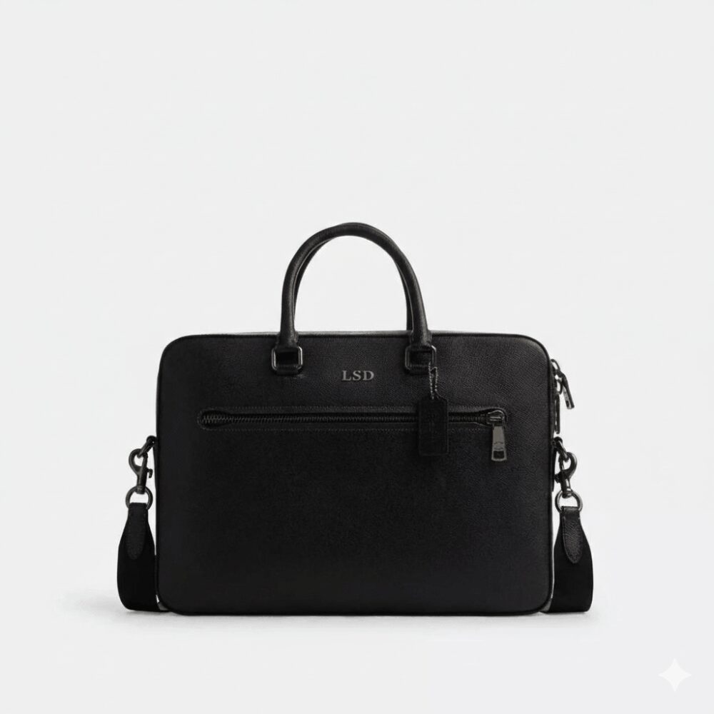 Laptop bag black leather front view for office and work use