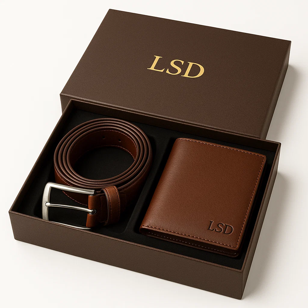 Brown Leather Belt and Wallet Set for men