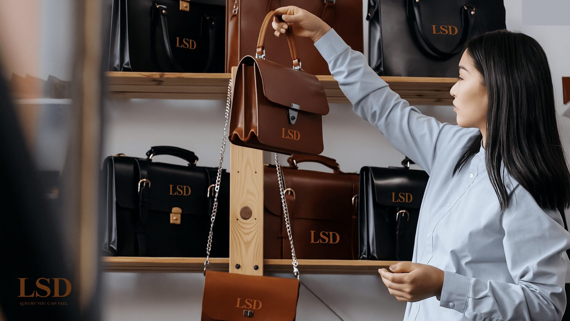 NYC leather handbag with embossed LSD logo